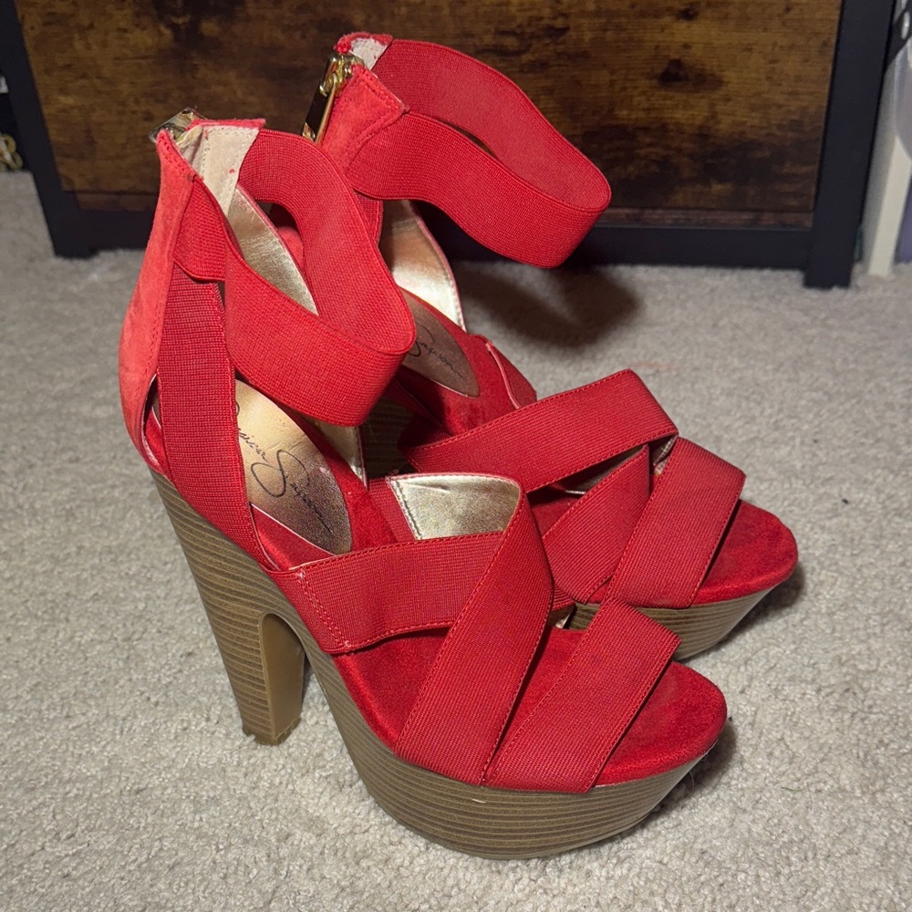 Jessica Simpson Tookie Majic Red Strappy Platform Heels Women's 7.5 B